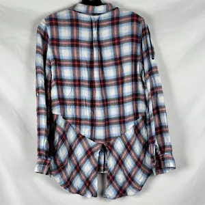Olive & Oak Plaid Button Down Zipper Shoulder Split Tail Blouse Small thumbnail 2