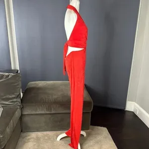 Women’s Red Deep V-Neck Halter Jumpsuit Ring Accent Wide Leg BodyCon Size L NEW thumbnail 4