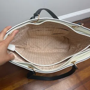 GUESS Quilted Two-Tone Tote in White and Black with Gold Hardware thumbnail 8