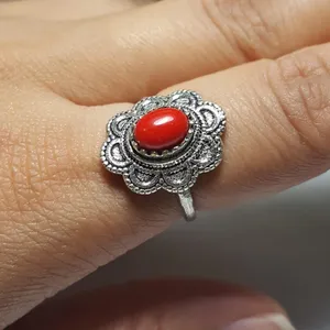 Sterling Silver Coral Gemstone Ring no stamp Ring size - 6.5 thumbnail 1
