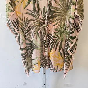 Francescas Tropical Palm Leaf Sheer Swim Cover Up Pink Green Small Crochet Trim thumbnail 6