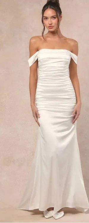 Lulus Torri White Satin Off-the-Shoulder Maxi Dress Size small Bridal classic thumbnail 1