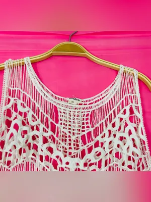 Love Riche White Crochet Fringe Swim Cover-Up with Pink Underlay thumbnail 7