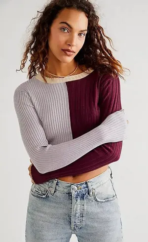 Find Me Now‎ Free People Bowie Color Block Dark Mauve Long Sleeve Shirt Medium thumbnail 1