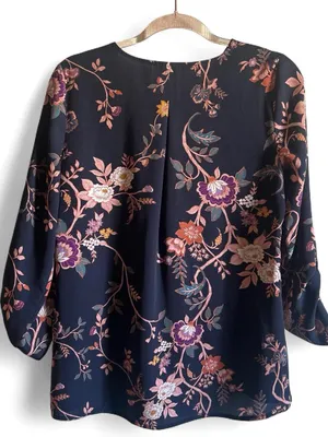 Maurices Navy Floral Blouse with Pink and Purple Accents size small thumbnail 4