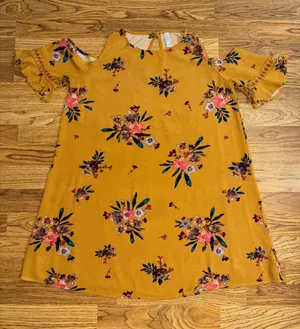 Xhilaration Dress Women’s Size Medium Cold Shoulder Mustard Yellow Floral Rayon thumbnail 1