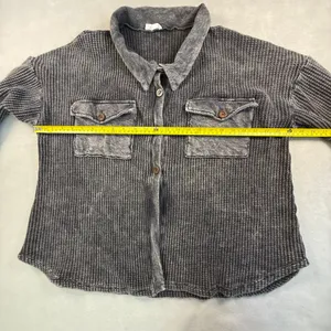 Bucketlist Womens Acid Wash Waffle Knit Shacket Button Down Shirt Gray Thermal thumbnail 4