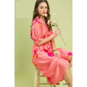 Umgee Floral‎ Flounce Sleeve Midi Dress with Belted - Pink Mix - Large thumbnail 5