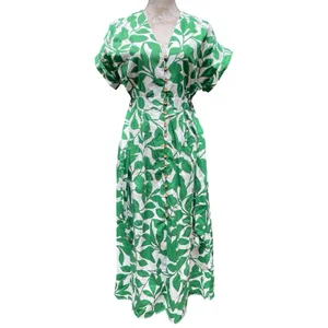 Coastal White Green Botanical Cotton Maxi Shirt Dress Belted Pockets Zara M thumbnail 12