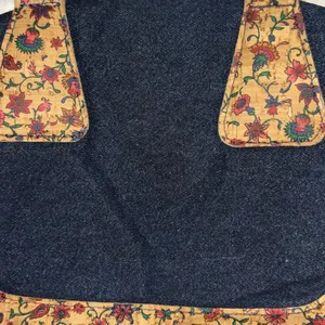 Blue Denim Handbag With Floral Corklike Design On Bottom & Handles Red Interior thumbnail 2