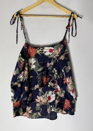 Banana Republic Navy Floral‎ Tie Shoulder Camisole Ruffle Hem Top XL thumbnail 1
