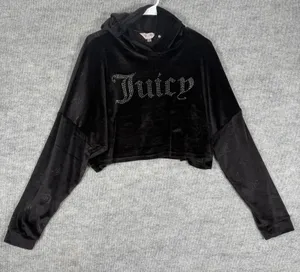 Juicy Couture Size-L Velour Rhinestone Logo Hoodie Sweatshirt Black Y2K thumbnail 1