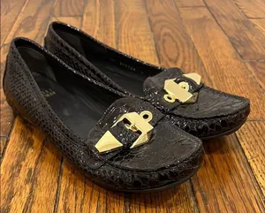 STUART WEITZMAN Crocodile Patent Leather Gold‎ Mary Jane Buckle Loafers Size 7M thumbnail 1