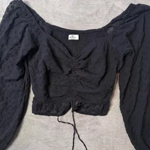 Hollister Milkmaid Black Smocked Crop Top Sheer Sleeve Peplum Size L Fairy thumbnail 5
