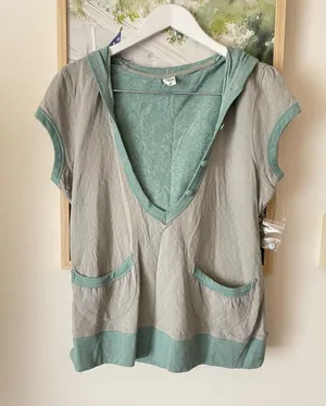 Empyre Y2K Style Henley Short Sleeve Striped Hooded Top Hoodie Large thumbnail 1