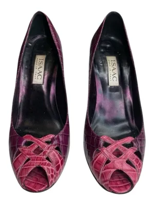 Vintage: Isaac ❉ Embossed Cut Out Peep Toe Pump Heels ❉ 2 Tone Pink Leather ❉ 8M thumbnail 9