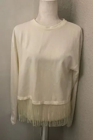 ZARA Trafaluc Ivory Fringe Sweatshirt S Costal Cowgirl Western Festival Rodeo thumbnail 1