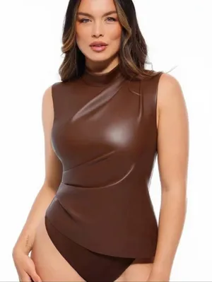 NWT Popilush Faux Leather Sleeveless Mock Neck Thong Bodysuit Top Tank Shirt New thumbnail 1