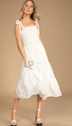 Lulu’s Float to Love White Jacquard Smocked Tie-Strap Midi Dress thumbnail 1
