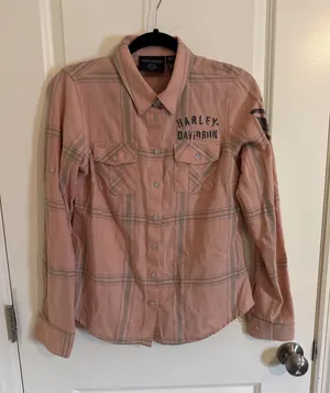 Harley-Davidson Women's Salute Convertible Sleeve Shirt Small Pink Plaid Flannel thumbnail 1