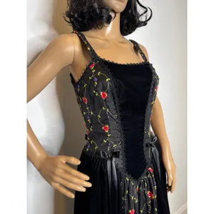 Late 80s Jeannie Nitro Gothic black velvet silk floral embroidered corset gown s thumbnail 10