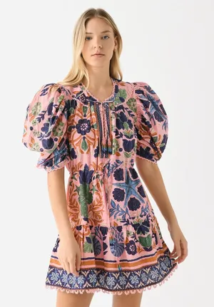 Farm Rio Mini Dress Pink Embroidered Sea Creatures Puff Sleeve thumbnail 1