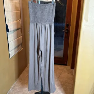 Brown Strapless Smocked Wide Leg Jumpsuit Size Small Taupe Casual Summer Romper thumbnail 7