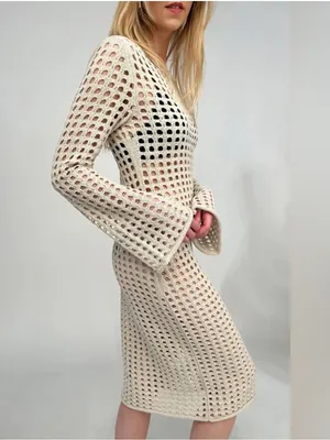 Oak + Fort NWT Cream open knit Crochet Long Sleeve Maxi Dress cover up dress thumbnail 3