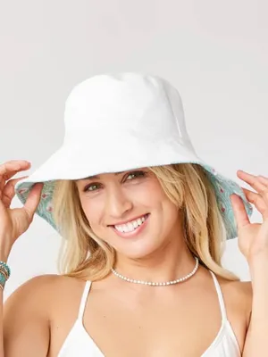 Carve Designs NWT Reversible Bucket Hat in Cinema Cloud Aqua Pattern and White thumbnail 2