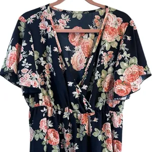 New Floral V-Neck Midi Dress Size 1X (14) Faux Wrap Neckline Flutter Sleeves thumbnail 6