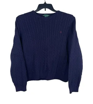 Lauren Ralph Lauren Cable Knit Sweater Deep Purple Cotton Crewneck Logo Preppy thumbnail 1