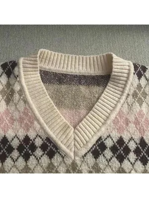 💕Pink neutrals Argyle diamond printed sweater vest thumbnail 2