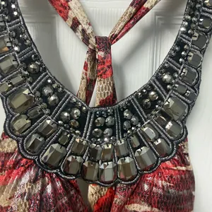 Red Patterned Ruched Mini Dress with Embellished Halter Neck thumbnail 3