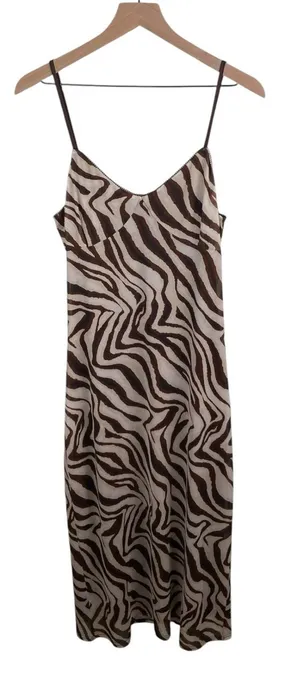 NEW Camila Coelho Brown Zebra Print Slip Maxi Dress Size Large Mesh Y2K Revolve thumbnail 1