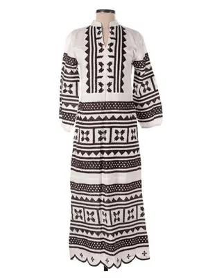 Julia Amory Brown & White Embroidered Scalloped Hem Maxi Caftan Dress XL NWT thumbnail 2