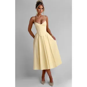 NWT Babyboo Mariella Lemon Yellow Lace Up Corset Fit & Flare Midi Dress Size XS thumbnail 6