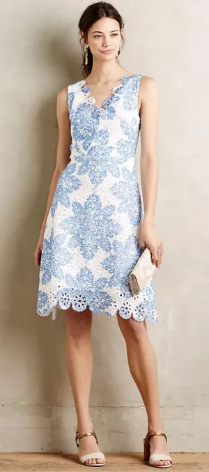 Anthropologie Eva Franco Blue White Starflower Scalloped Lace Mini‎ Dress Size 2 thumbnail 1