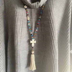 1Pc Boho Sweater Necklace Colorful‎ Beaded Cream Tassel Cross Charm Fashion thumbnail 5