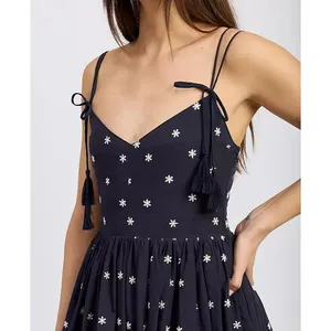 En Saison Womens Midi Dress Size S Navy White Cotton Embroidered Hem Tie-Straps thumbnail 3