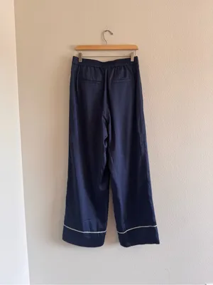 NWT J. Crew Navy Wide-Leg Satin Pants with Cream Trim thumbnail 3