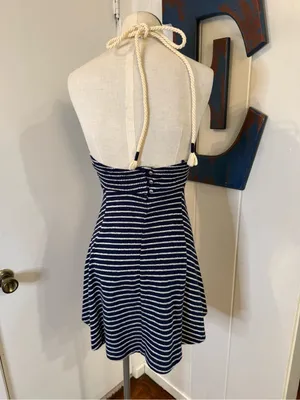 Zara Navy and White Striped dress with robe cord ties button back Sz S thumbnail 2