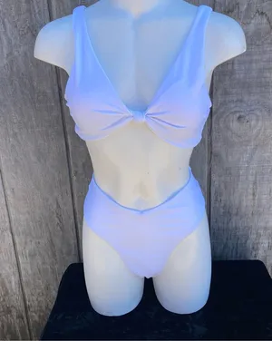 White Two Piece Padded Triangle Knot Front Top Bikini Set Size Medium thumbnail 1
