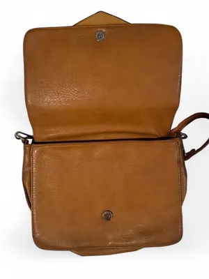Structured Tan Crossbody Satchel with Perforated Flap and Top Handle thumbnail 4