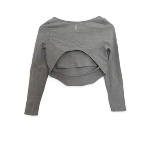 Free People FP Movement Heather Gray Open Back Long Sleeve Crop Top L thumbnail 2