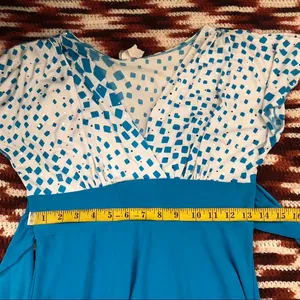Vintage 90s USA Pinup Rockabilly Babydoll Coquette Blue white polka dot mini dress V-neck tie belted short sleeve #celestial #fairycore #mermaid Measurement in pics thumbnail 5