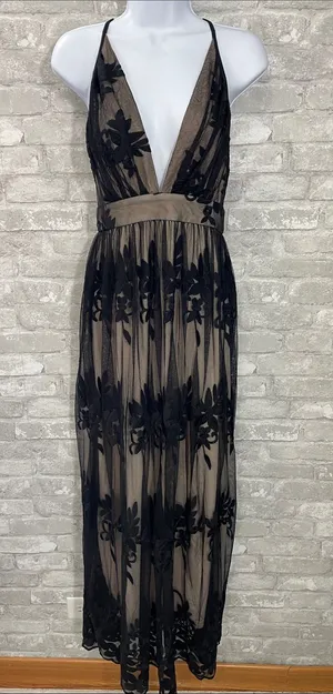 DOKOTOO Plunging V-Neck Black Floral Lace Overlay Maxi Dress in Taupe Lining thumbnail 1