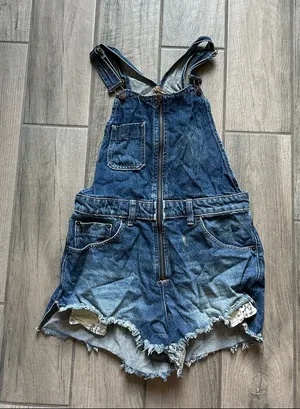 We The Free Distressed Denim Short Overalls - Blue thumbnail 1
