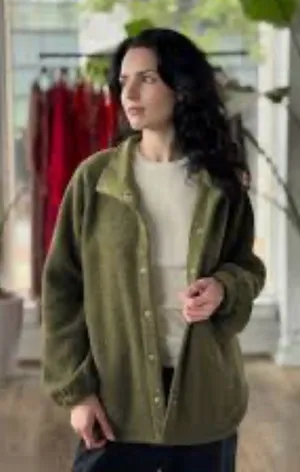 Outdoor Voices MegaFleece wool blend Snap Jacket olive green sz L gorpcore thumbnail 1