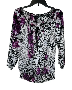 WHBM Women's‎ Top Satin Floral V-Neck Tie Chiffon Tie 3/4 Sleeves Purple Small thumbnail 1