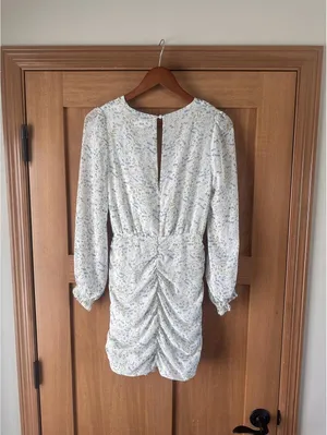 MABLE Ruffle Ivory / Blue Floral Puff Sleeve Rouched Mini Dress Women’s Small thumbnail 5